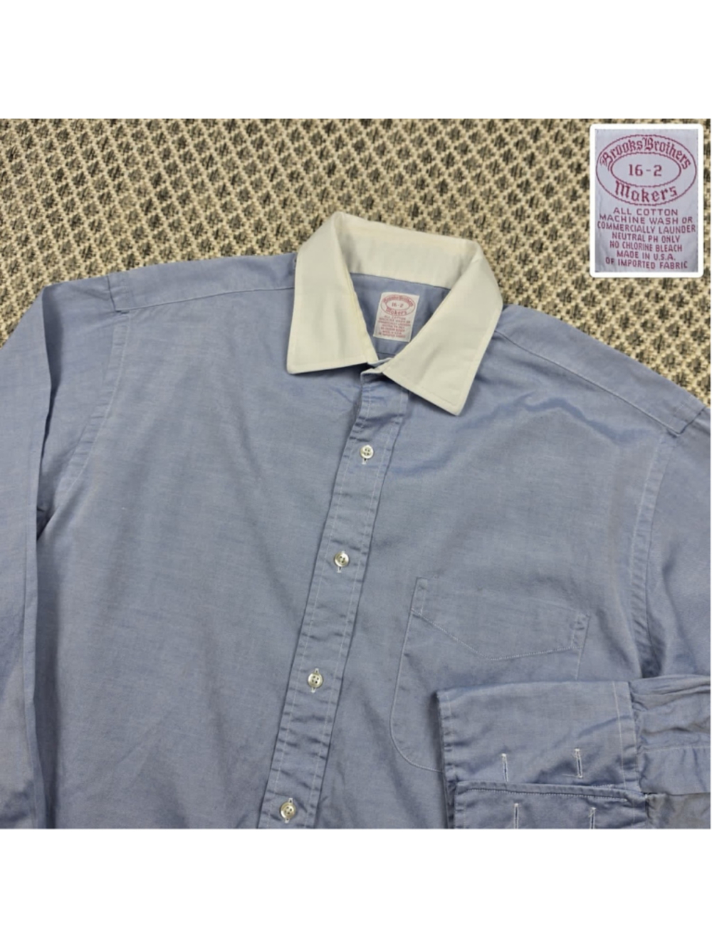 Vintage Brooks Brothers Makers Blue White Contrast Collar Dress Shirt 16-2 USA
